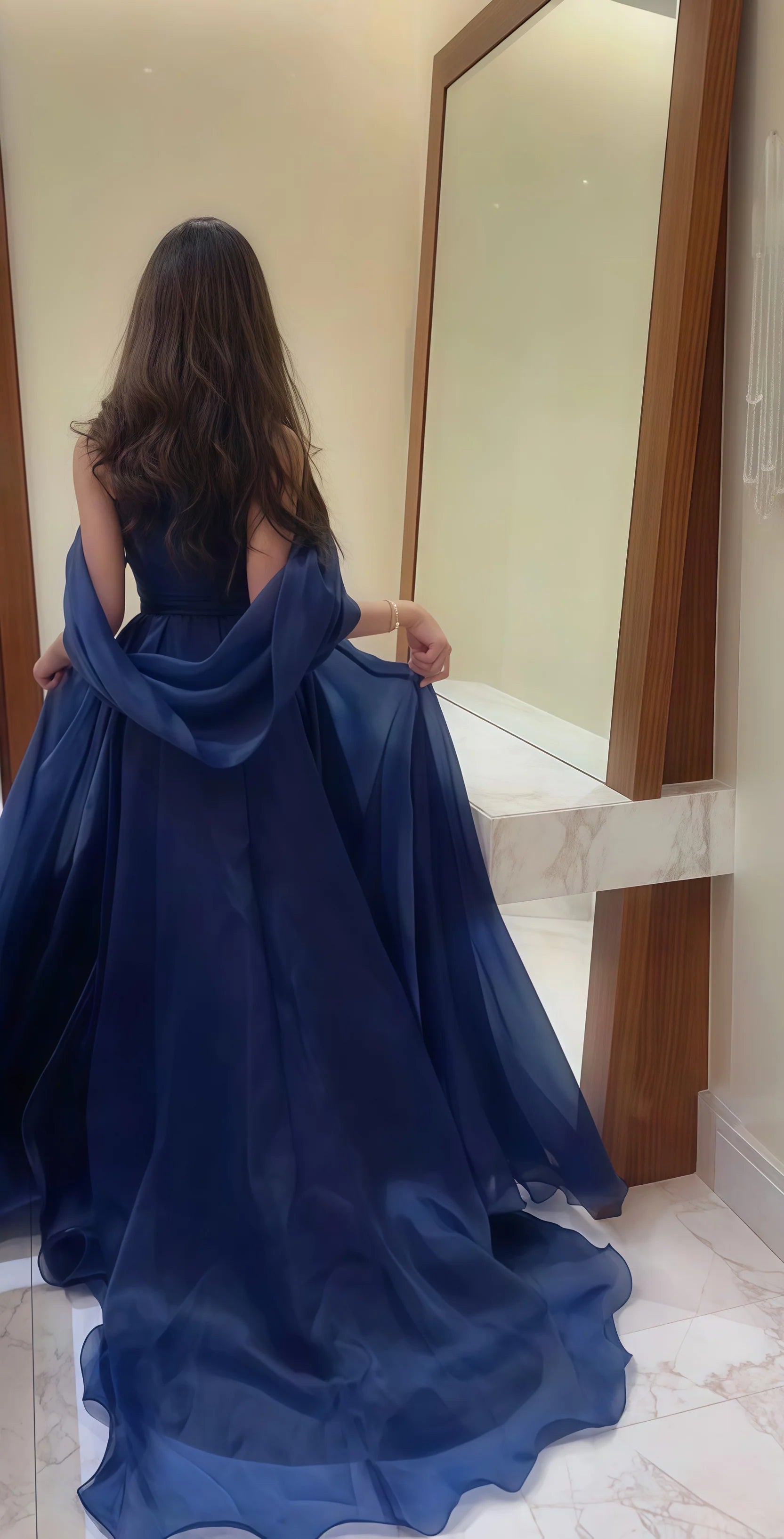 Sexy Mermaid Long Prom Dress Navy Blue Strapless Organza Prom Dress  A-Line Evening Party Dress