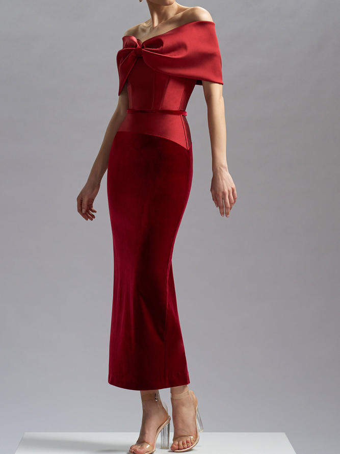 Simple beautiful generous and full of charm Wine Red Off The Shoulder Velvet Sheath Maxi Dress