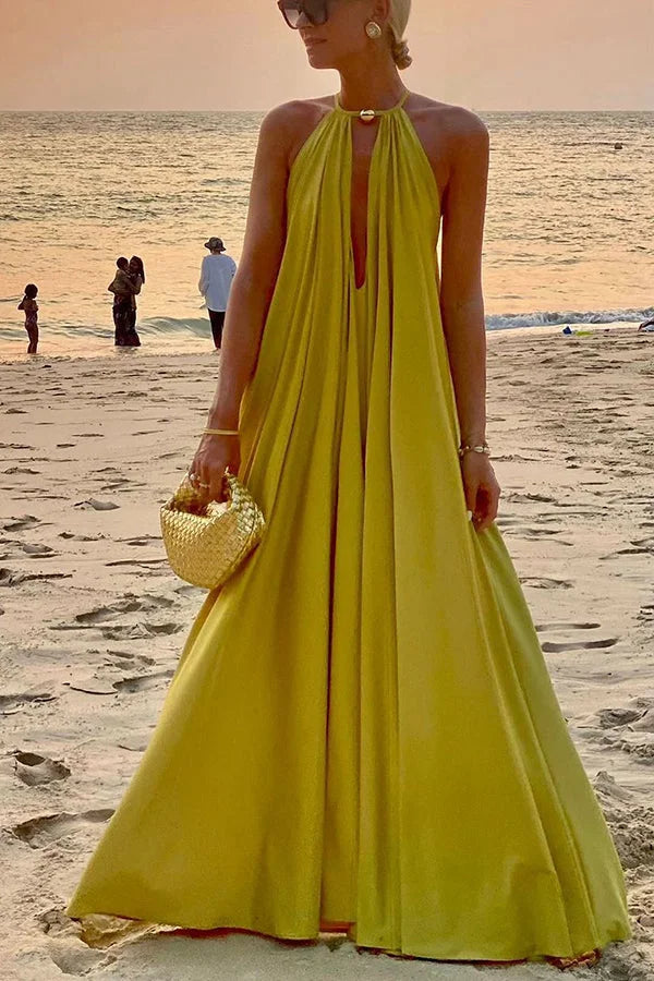 Greek Goddess Distinctive Golden Halter Neck A-line Maxi Dress Simple atmospheric beautiful and unique desi