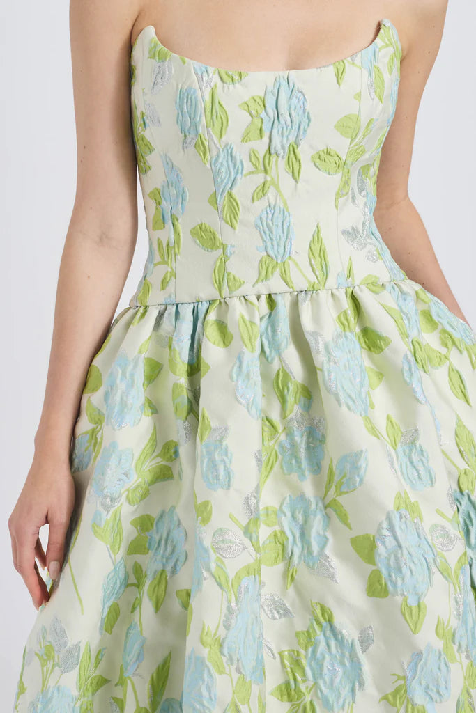 Crinkle floral jacquard pointed bodice drop-waist dress with bubble hem spheric beautiful and unique desig