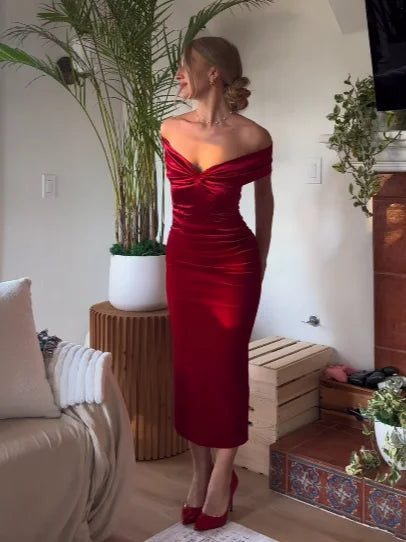 Simple beautiful generous and full of charm Wine Red Off The Shoulder Velvet Sheath Maxi Dress