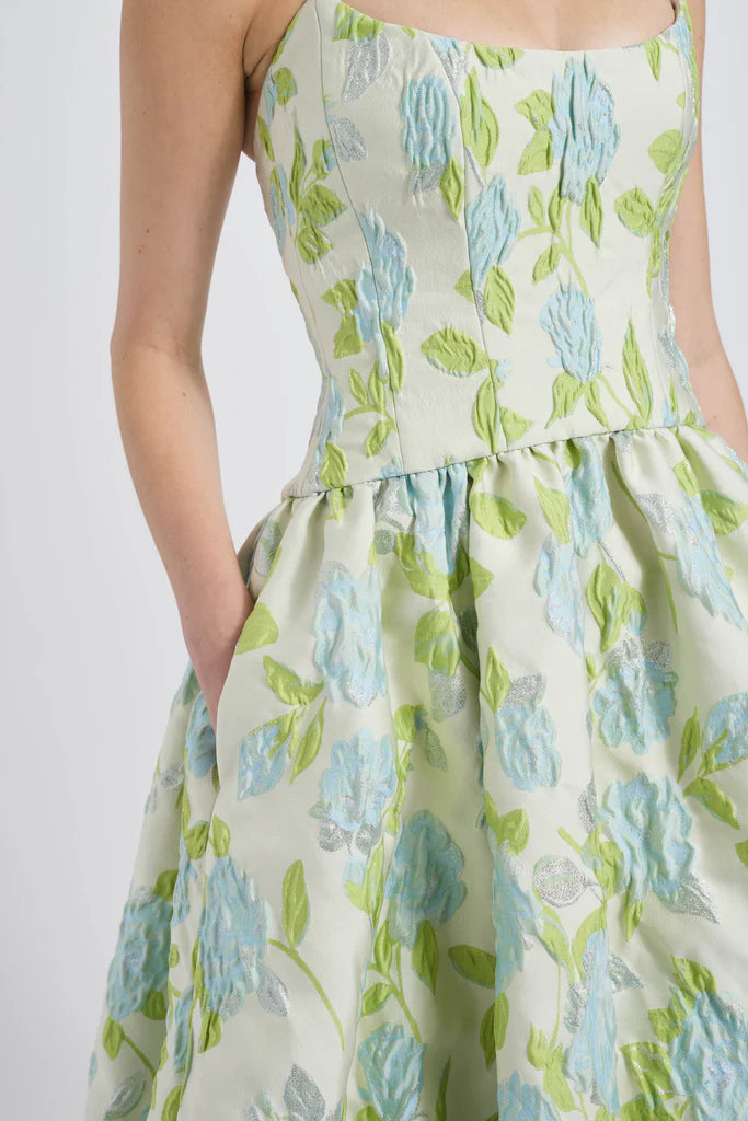 Crinkle floral jacquard pointed bodice drop-waist dress with bubble hem spheric beautiful and unique desig