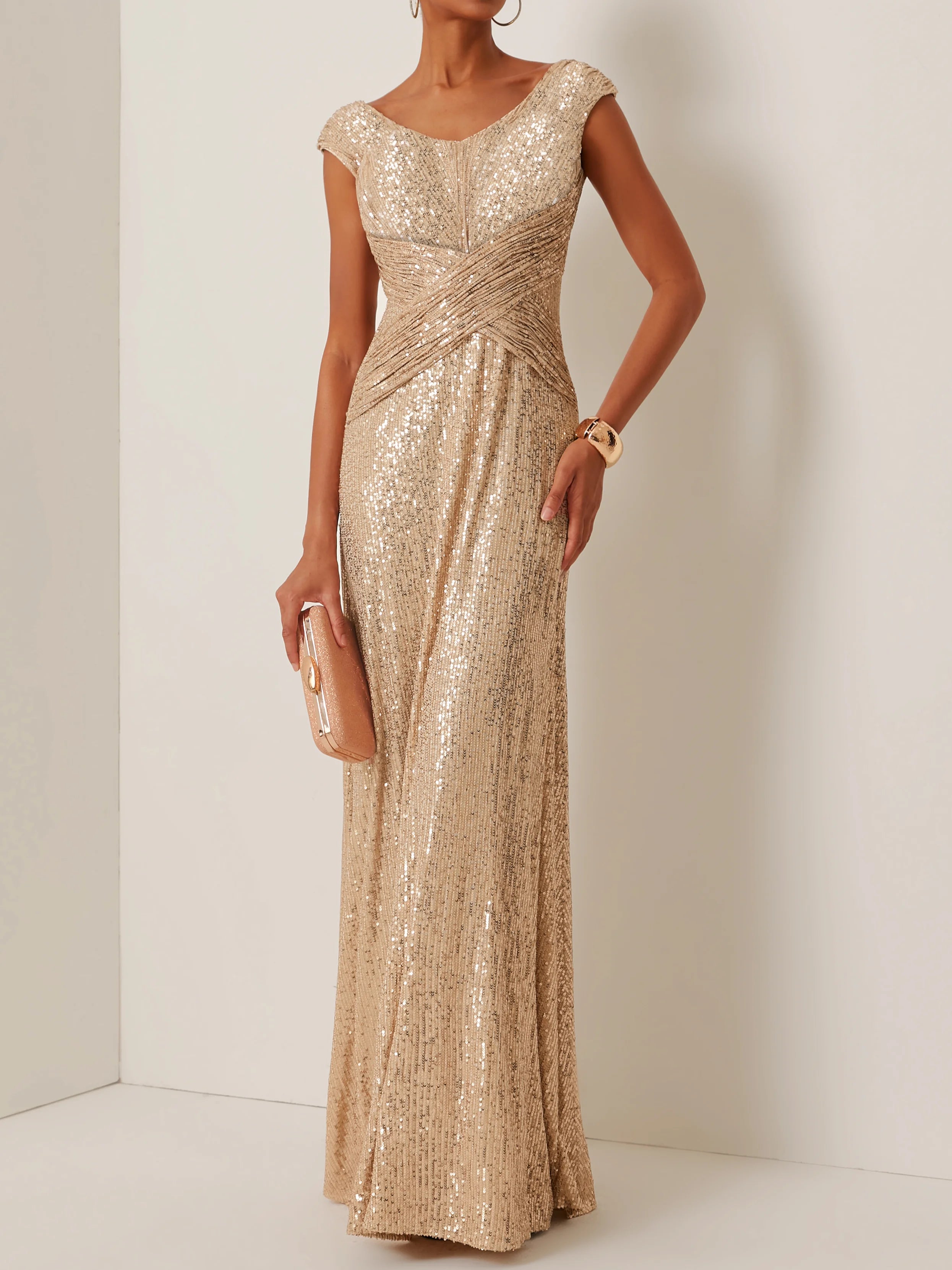 Simple beautiful generous and full of charm Golden Sequin Sleeveless Long A-line Gown