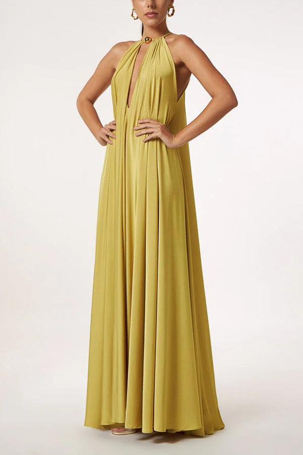 Greek Goddess Distinctive Golden Halter Neck A-line Maxi Dress Simple atmospheric beautiful and unique desi