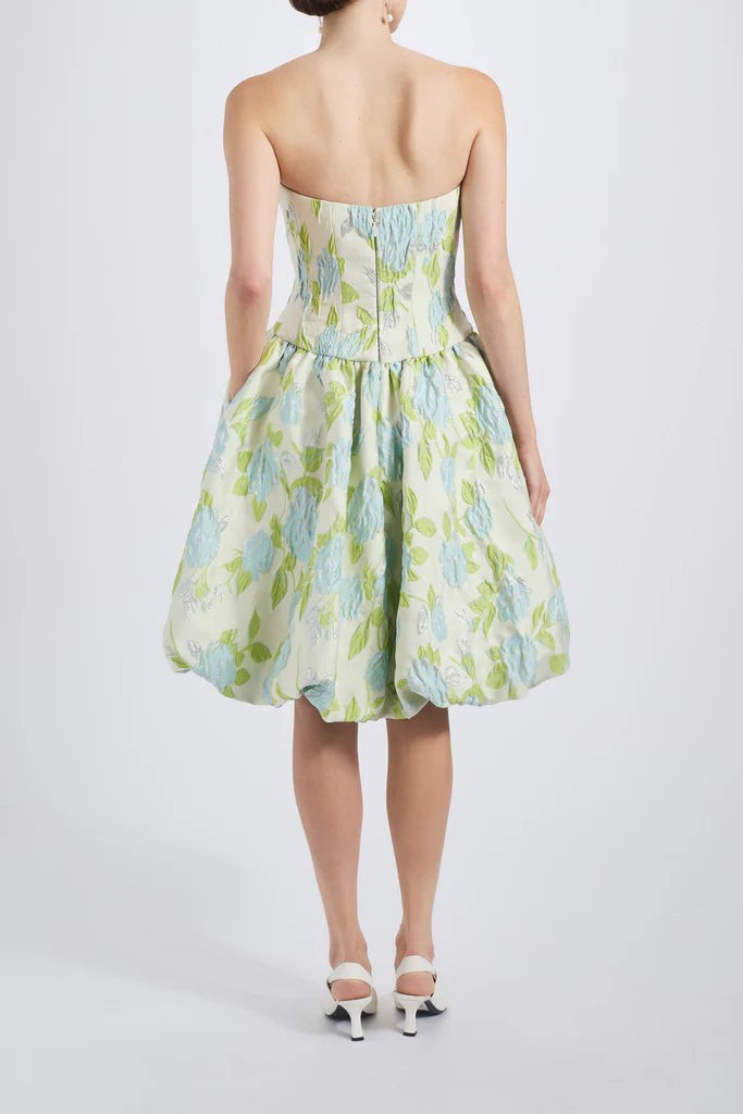 Crinkle floral jacquard pointed bodice drop-waist dress with bubble hem spheric beautiful and unique desig