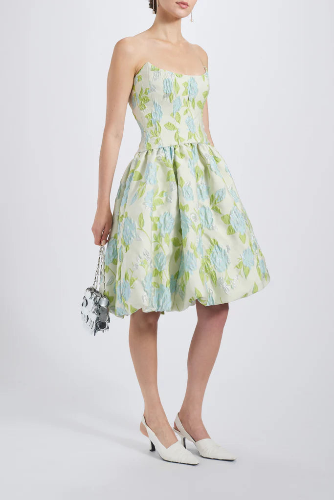 Crinkle floral jacquard pointed bodice drop-waist dress with bubble hem spheric beautiful and unique desig