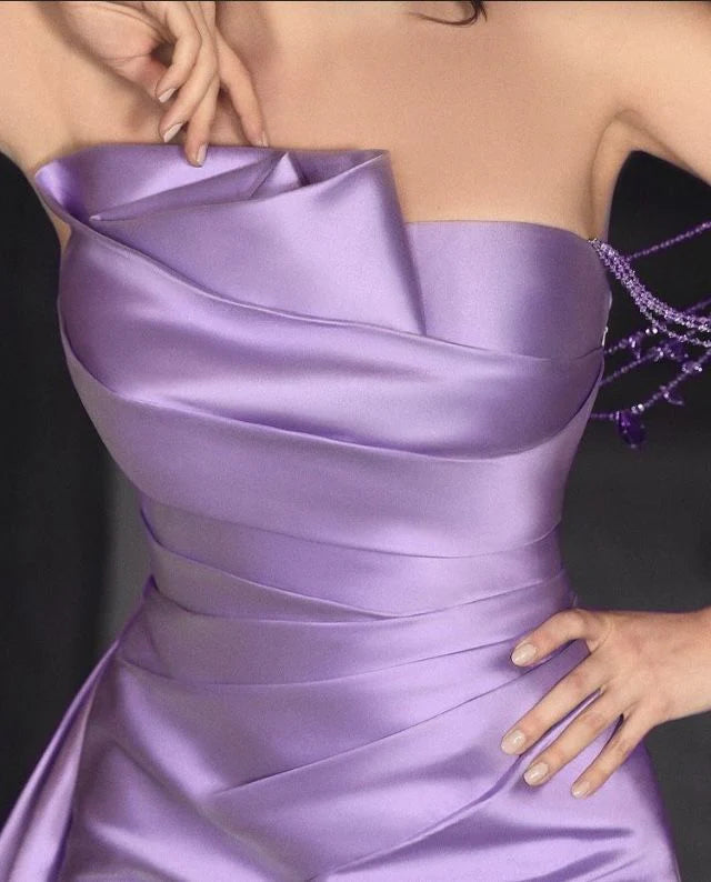 Sexy Lilac Strapless Pleated Prom Evening Dresses With Slit