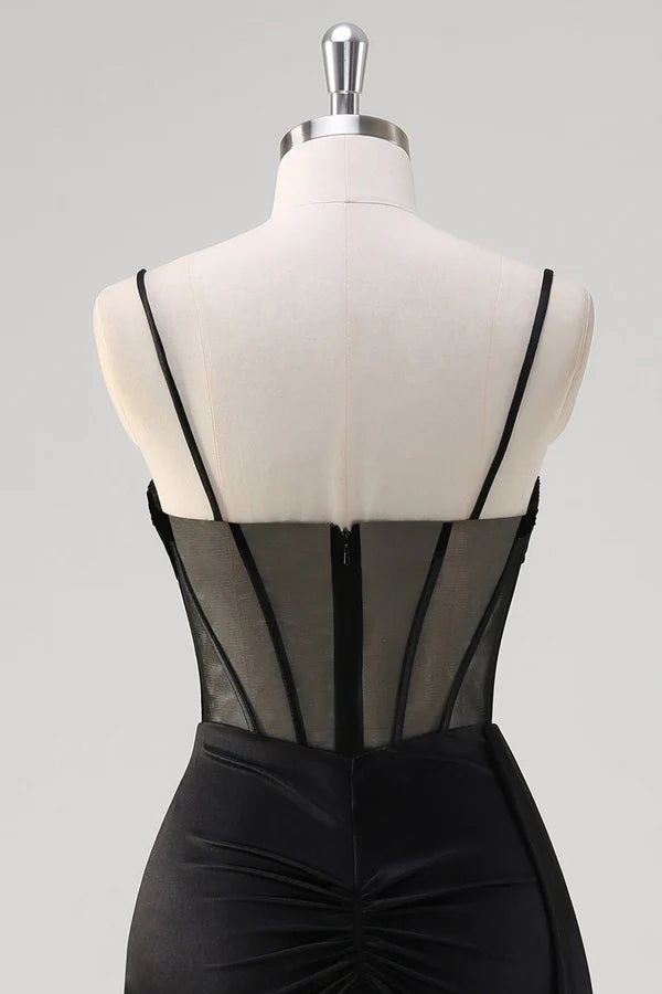 Black Spaghetti Straps Satin Mermaid Long Corset Prom Dress with Slit simple gentle atmospheric and unique desi