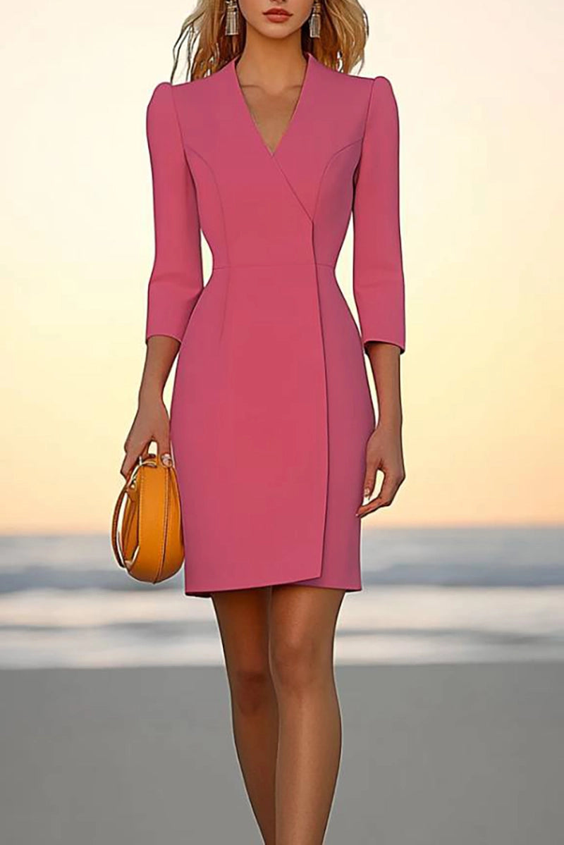 Business Semi-Formal Dress Pink V-Neck Long Sleeve Mini Dress Simple beautiful generous and full of charm