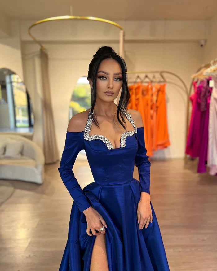 Glamorous Royal Blue A-line Halter Long Sleeves Rhinestones Prom Dress With Slit Sequins Simple gentle atmospheric and unique design