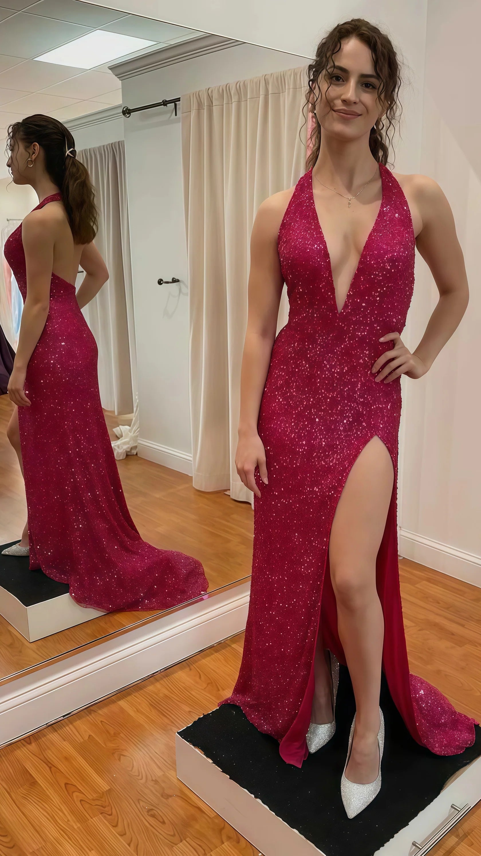 Sexy Mermaid Beautiful elegant and unique design Prom Dress Sexy V-Neck Halter Prom Dresses With Split