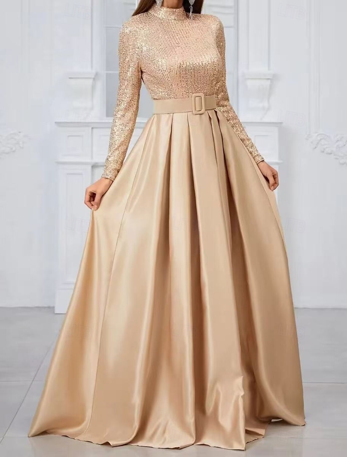Evening Gown Elegant Dress Evening Party Black Tie Gala Court Train Long Sleeve Stand Collar Belt Sash Cotton Blend Cowl Back with Buttons Sequin
