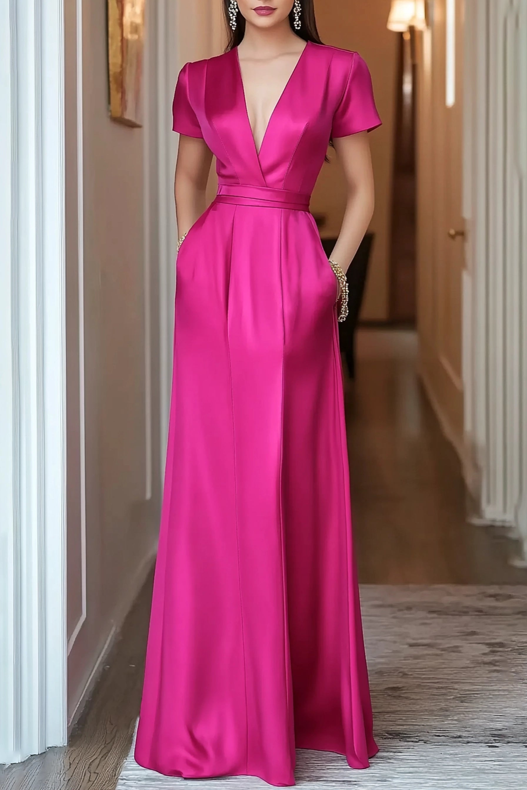 Formal Evening Dress Fuchsia Deep V Satin Pocket Floor Dress