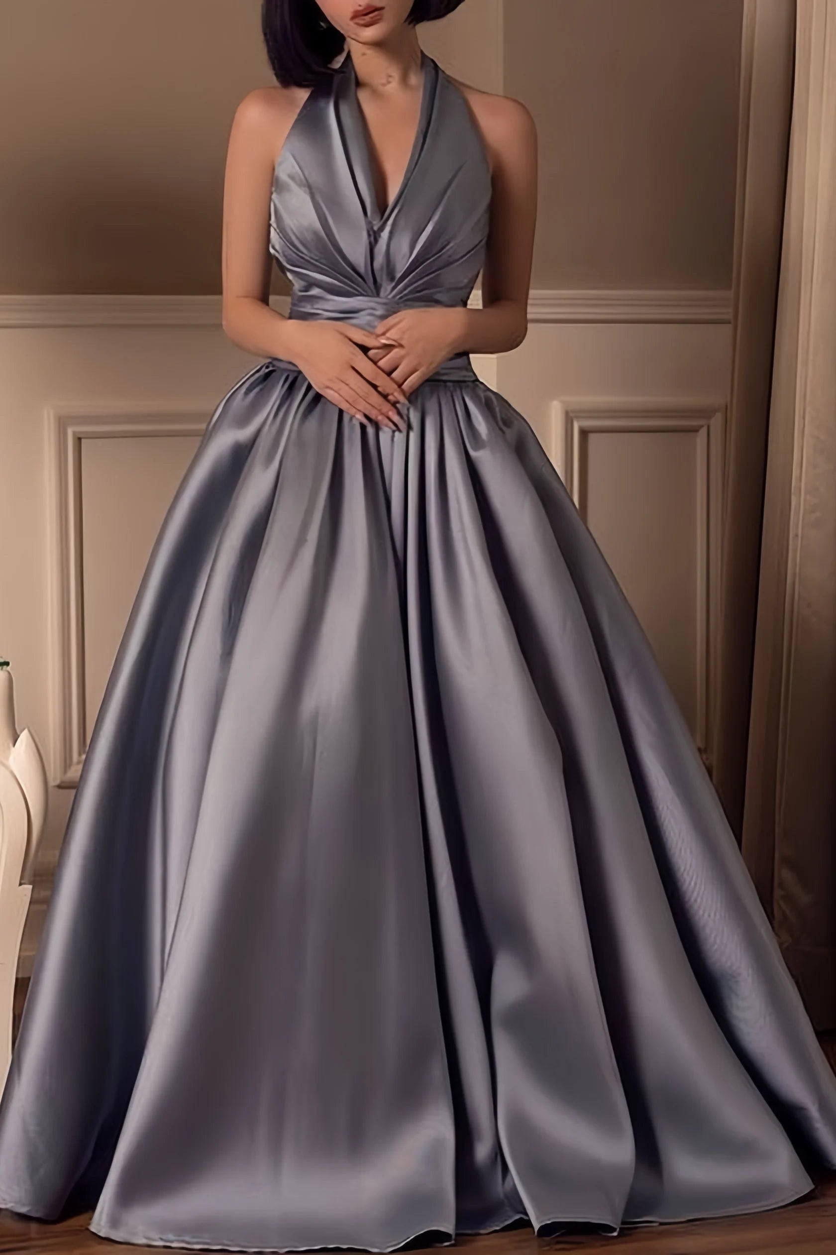 Sexy Mermaid Long Prom Chic V-Neck Halter Party Dress, Silver Grey Evening Ball Gown