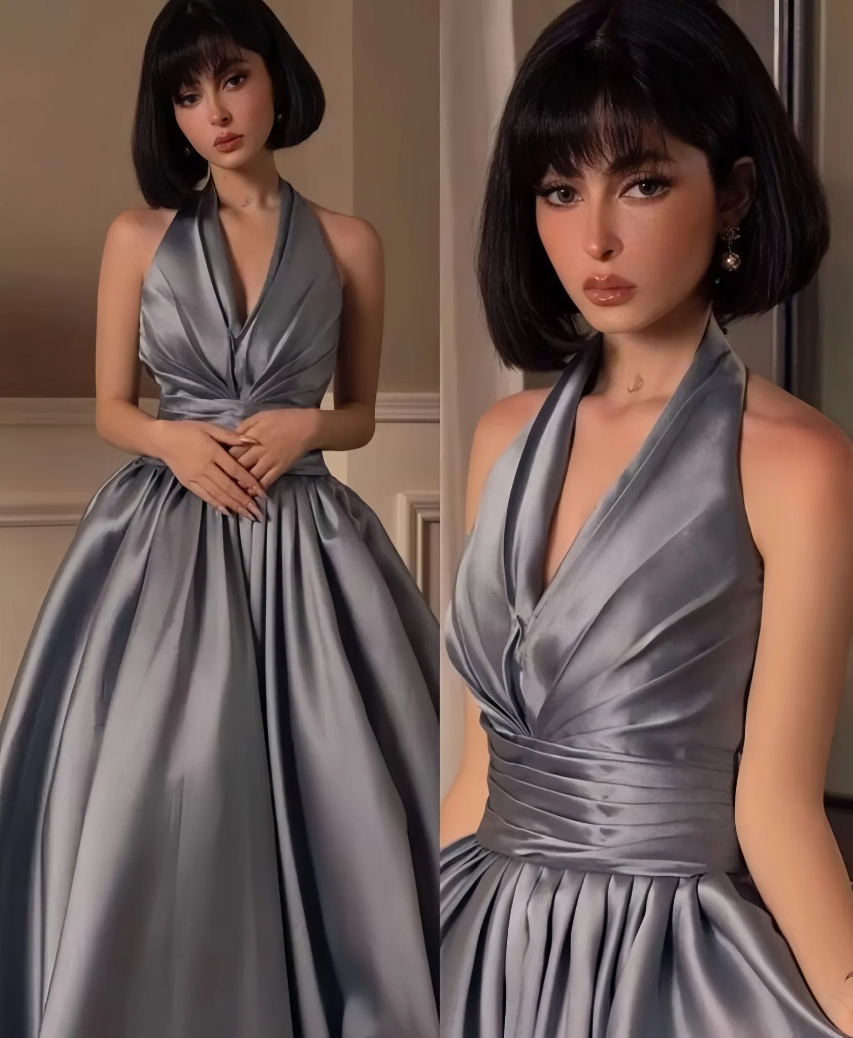 Sexy Mermaid Long Prom Chic V-Neck Halter Party Dress, Silver Grey Evening Ball Gown