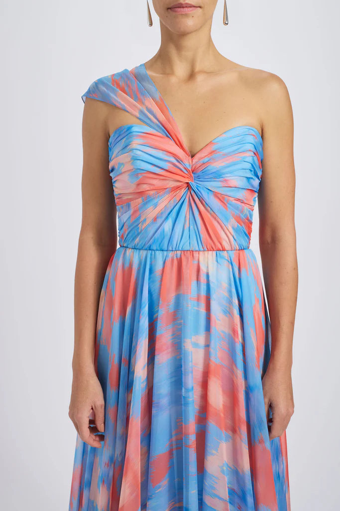 Abstract print chiffon ruched bodice A-line gown with one-shoulder drape spheric beautiful and unique desig