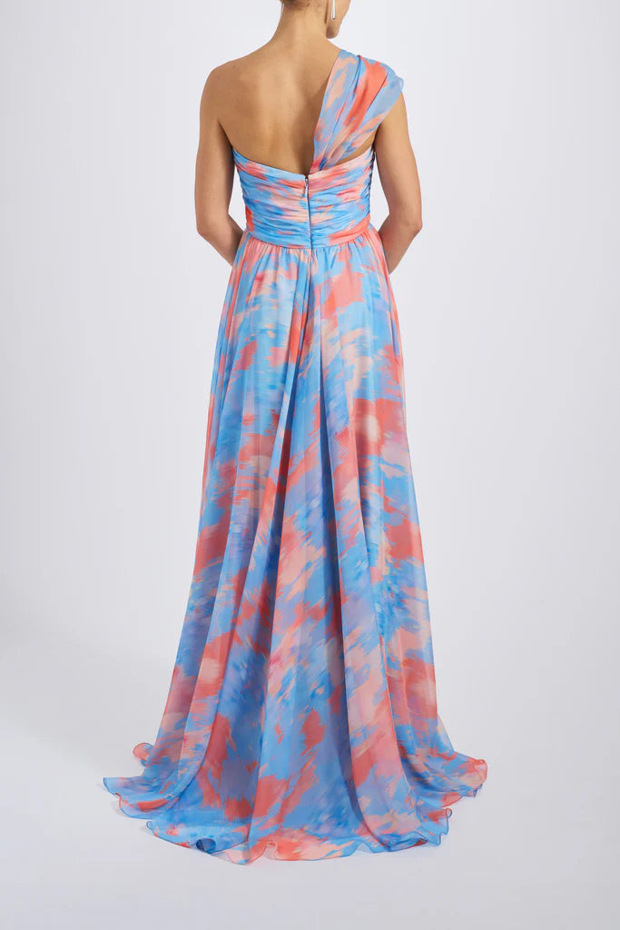 Abstract print chiffon ruched bodice A-line gown with one-shoulder drape spheric beautiful and unique desig