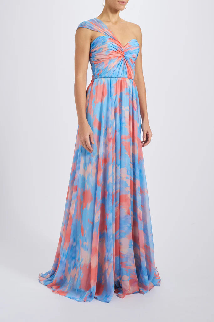 Abstract print chiffon ruched bodice A-line gown with one-shoulder drape spheric beautiful and unique desig