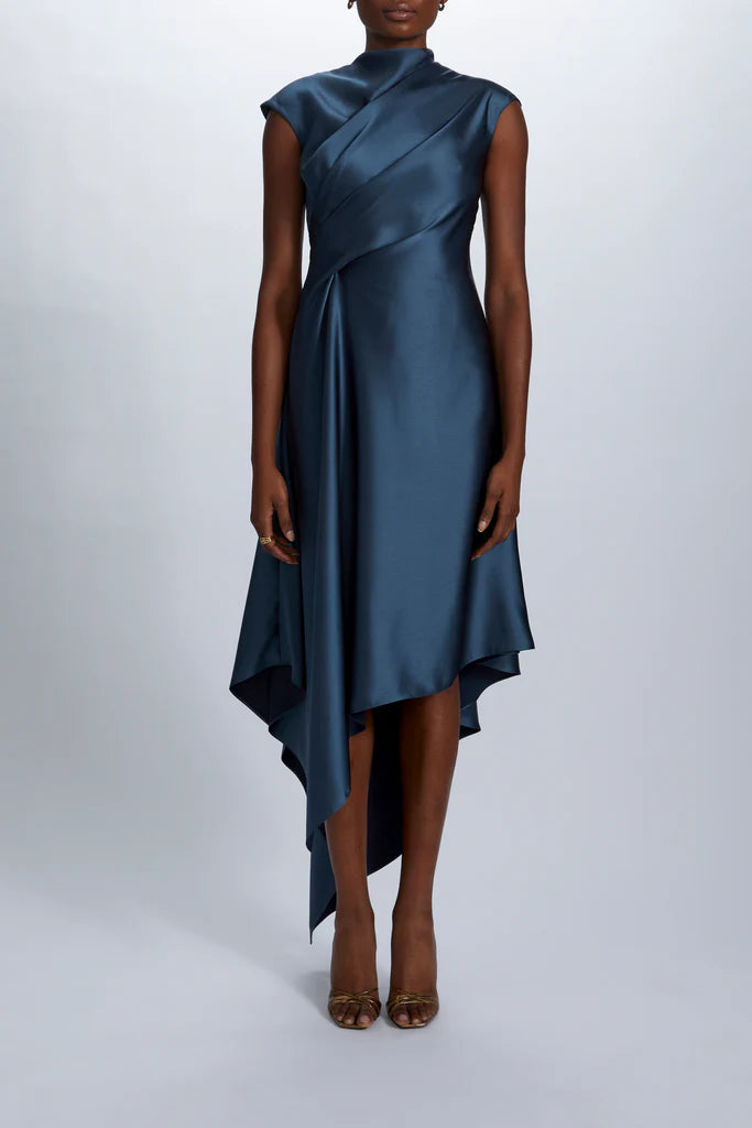 Fluid Satin relaxed drape dress with asymmetric handkerchief hem spheric beautiful and unique desig
