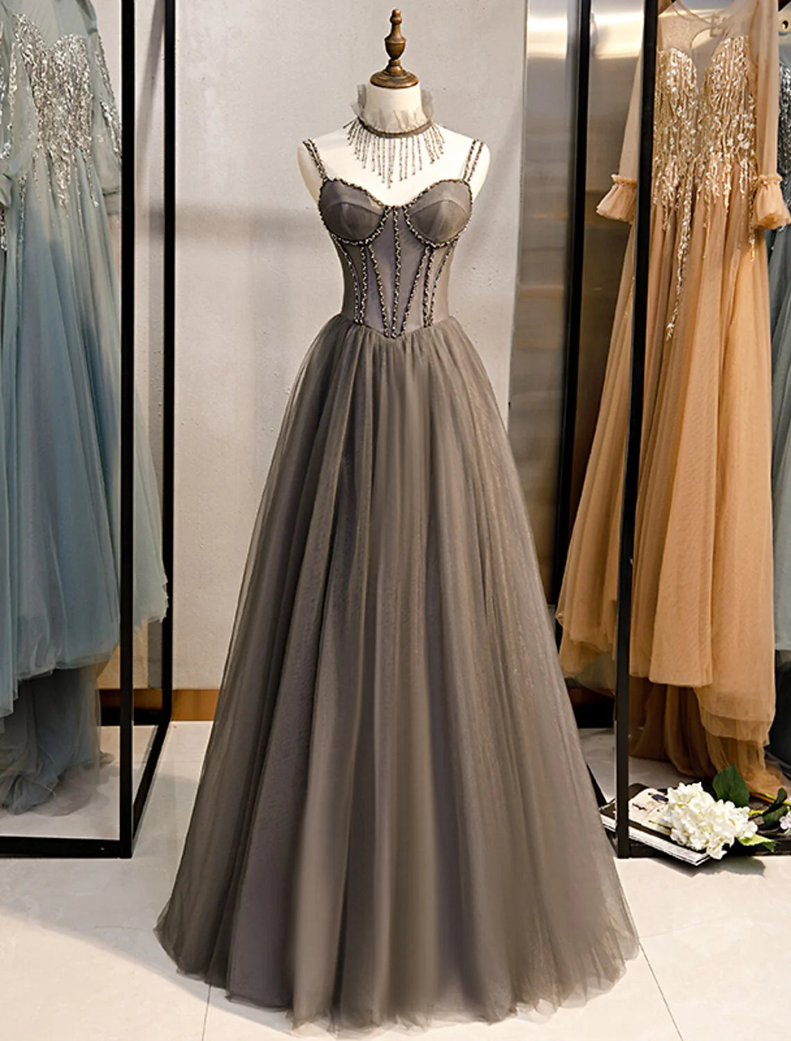A-Line Prom Dresses Open Back Dress Formal Wedding Guest Floor Length Sleeveless Spaghetti Strap Tulle with Pleats CrystalsSimple atmospheric beautiful and unique desig