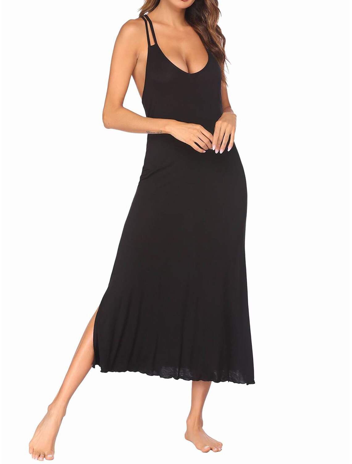 Women's Casual Dress Night Dress Dress Daily Casual Split Plain Strap Home Lounge Black Gray 2023 Summer