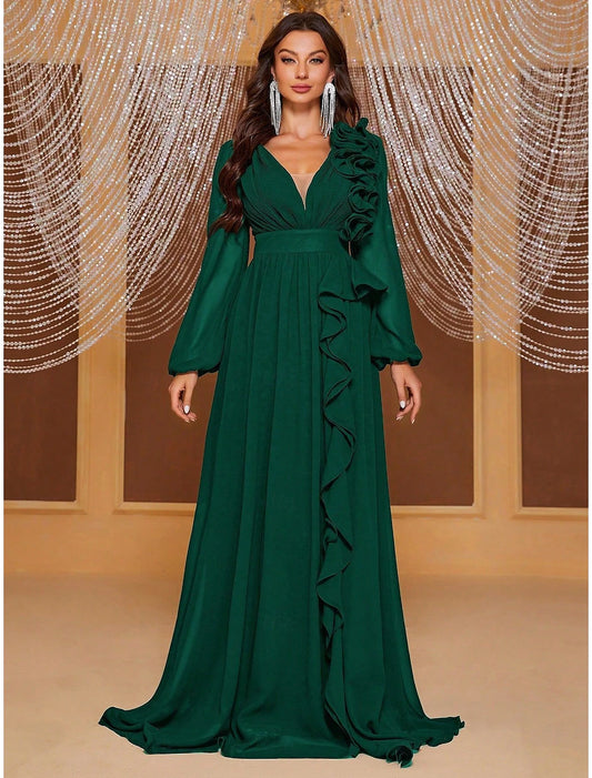 A-Line Evening Gown Elegant Dress Formal Wedding Floor Length Long Sleeve V Neck Chiffon with Ruffles Shouder Flower