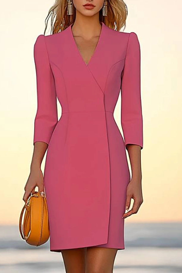 Business Semi-Formal Dress Pink V-Neck Long Sleeve Mini Dress Simple beautiful generous and full of charm