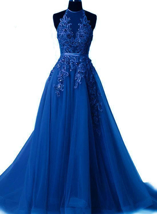 Halter Tulle Party Dress Pretty Handmade Blue Prom Dress Simple atmospheric gentle