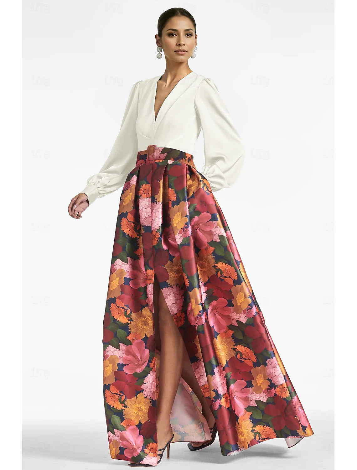 A-Line Evening Gown High Split Dress Formal Wedding Guest Floor Length Long Sleeve V Neck Belt Sash Satin with Floral Print Slit Wedding Guest Dress