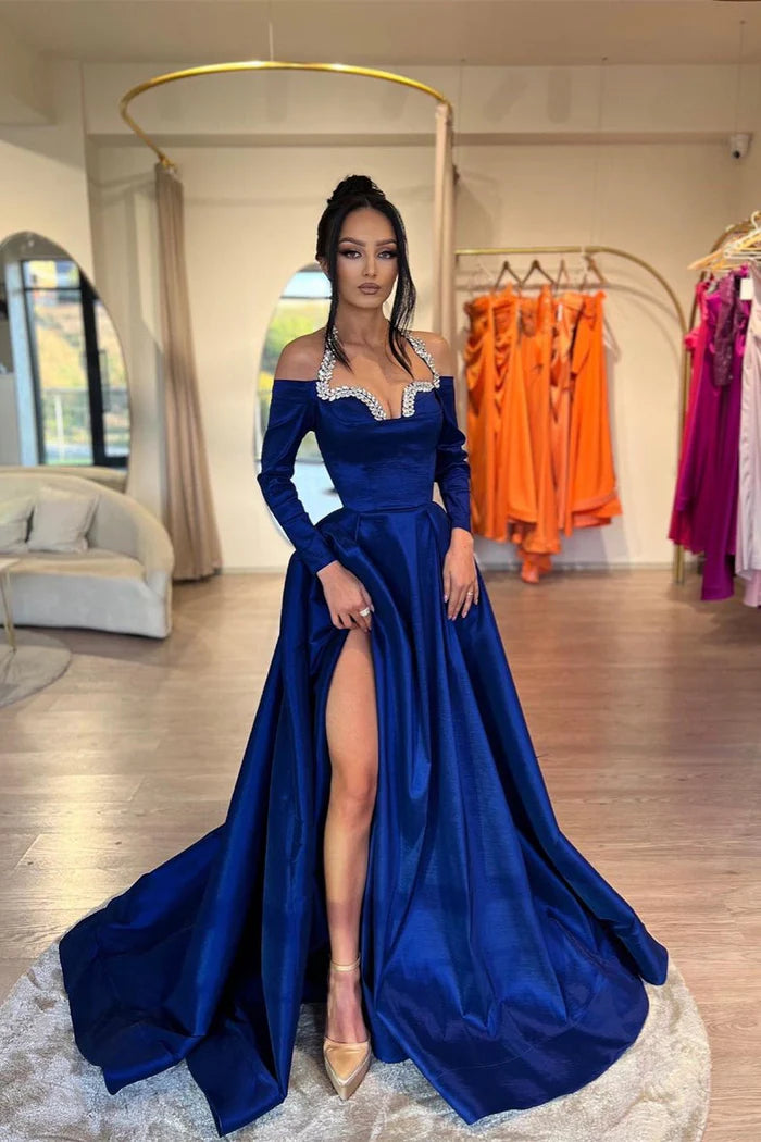 Glamorous Royal Blue A-line Halter Long Sleeves Rhinestones Prom Dress With Slit Sequins Simple gentle atmospheric and unique design