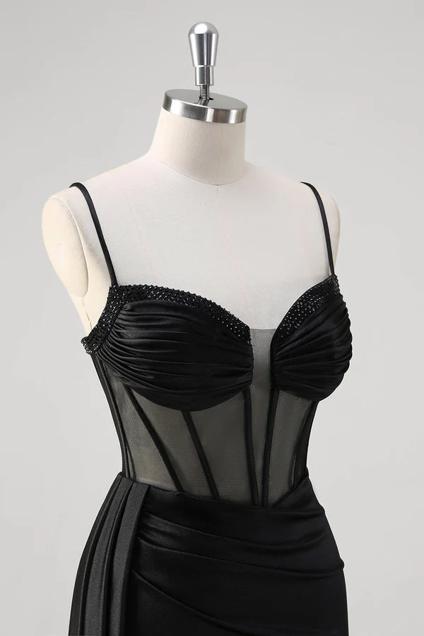 Black Spaghetti Straps Satin Mermaid Long Corset Prom Dress with Slit simple gentle atmospheric and unique desi