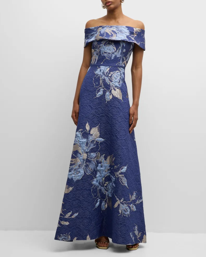 Off-Shoulder Metallic Flower Jacquard Gown Beautiful and charming simple and unique design
