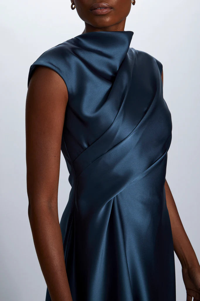 Fluid Satin relaxed drape dress with asymmetric handkerchief hem spheric beautiful and unique desig