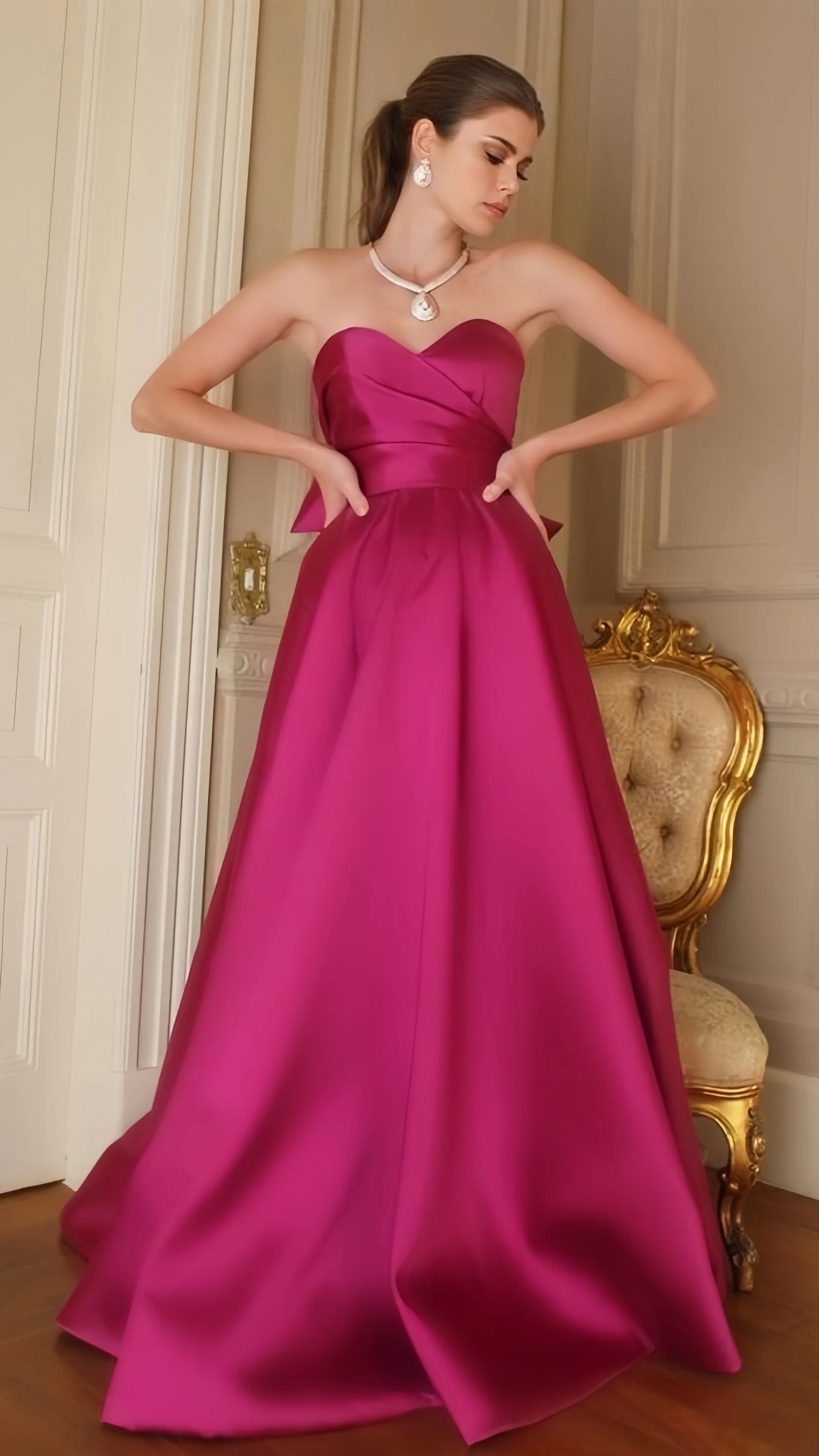 Sexy Mermaid Long Prom Fuchsia Sweetheart A-Line Satin Long Prom Dress