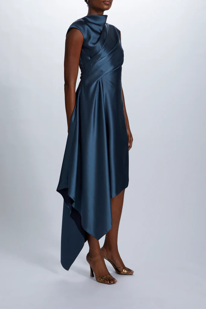 Fluid Satin relaxed drape dress with asymmetric handkerchief hem spheric beautiful and unique desig