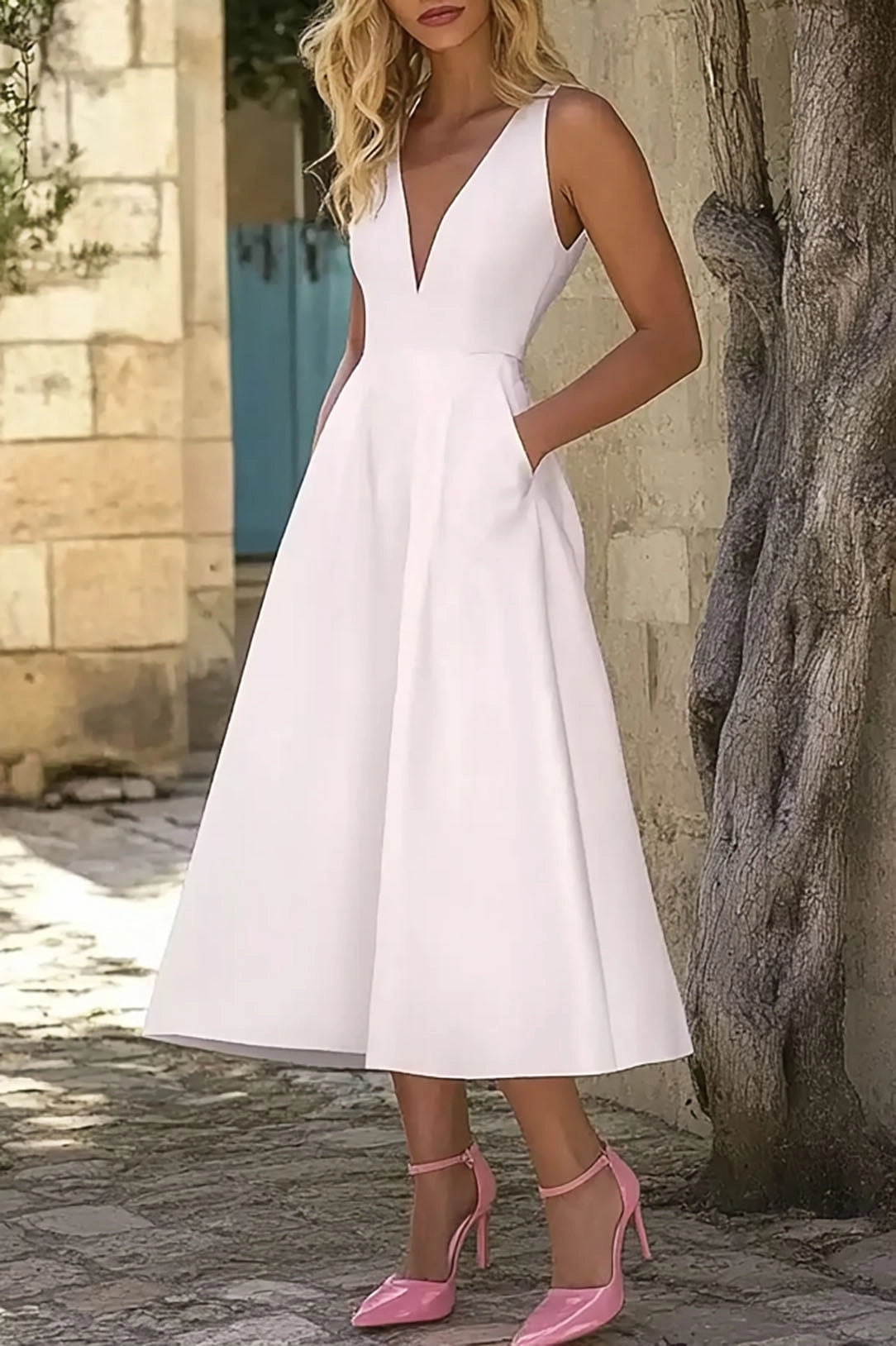 Semi-Formal Prom Dress Deep V-Neck With Pockets Sleeveless Midi Dress