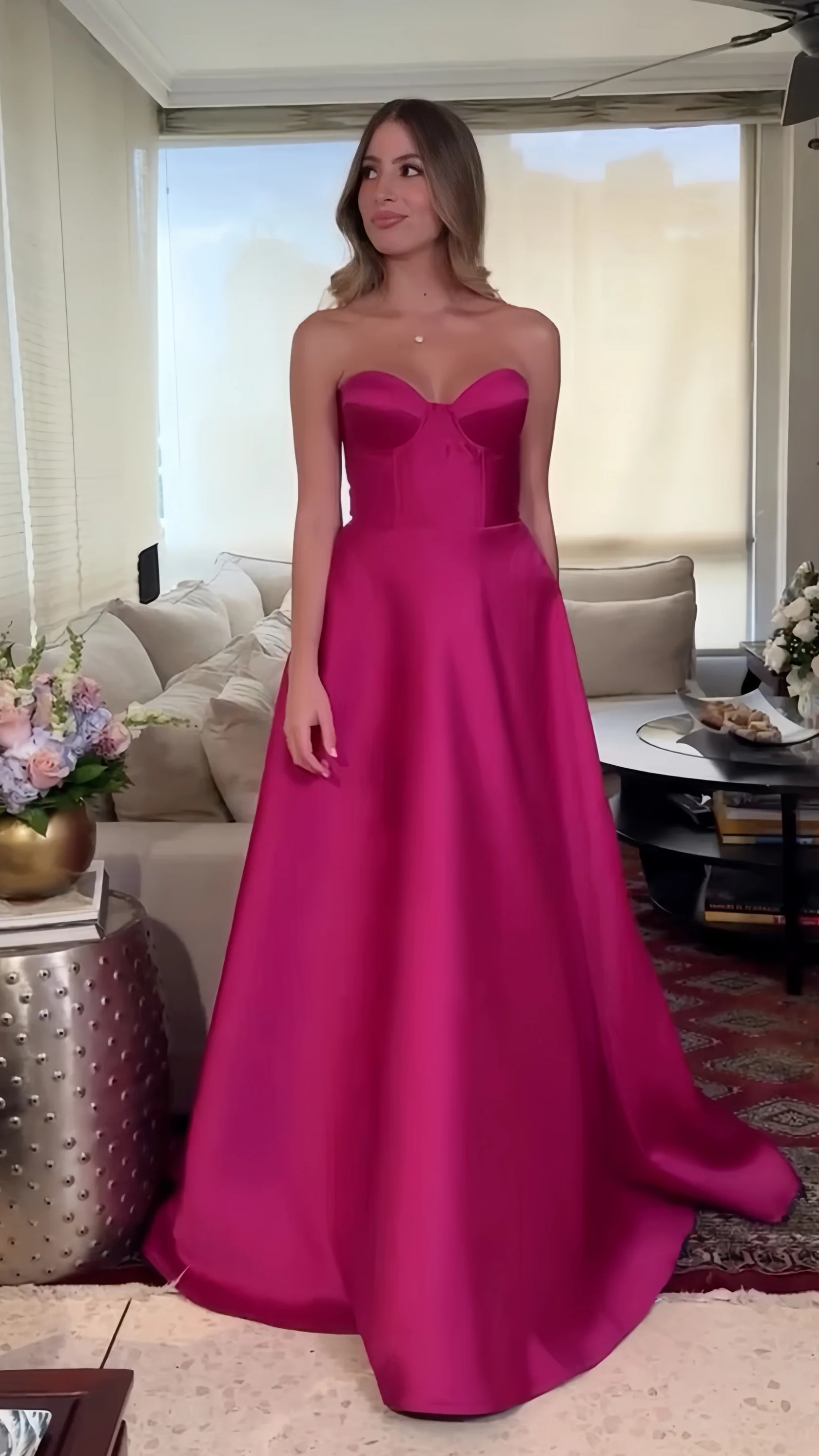 Sexy Mermaid Long Prom Fuchsia Sweetheart A-Line Satin Long Prom Dress