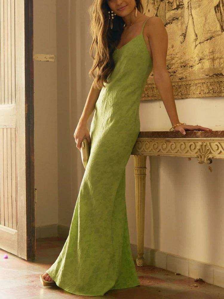Elegant Lime Green Jacquard V-Neck Maxi Dress Simple atmospheric beautiful and unique desi