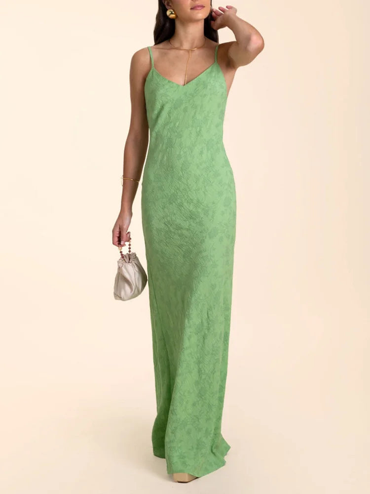Elegant Lime Green Jacquard V-Neck Maxi Dress Simple atmospheric beautiful and unique desi