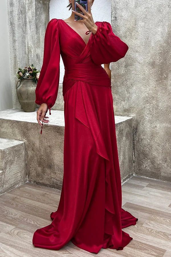 Love Me Tonight Satin Balloon Sleeve Ruffles Evening Maxi Dress Simple atmospheric beautiful and unique desi