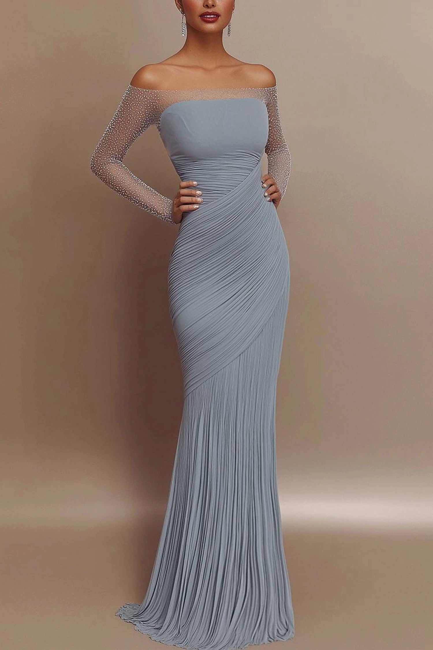 Simple beautiful generous and full of charm Evening Prom Gown Off Shoulder Glitter Pleated Light Blue Maxi Dress