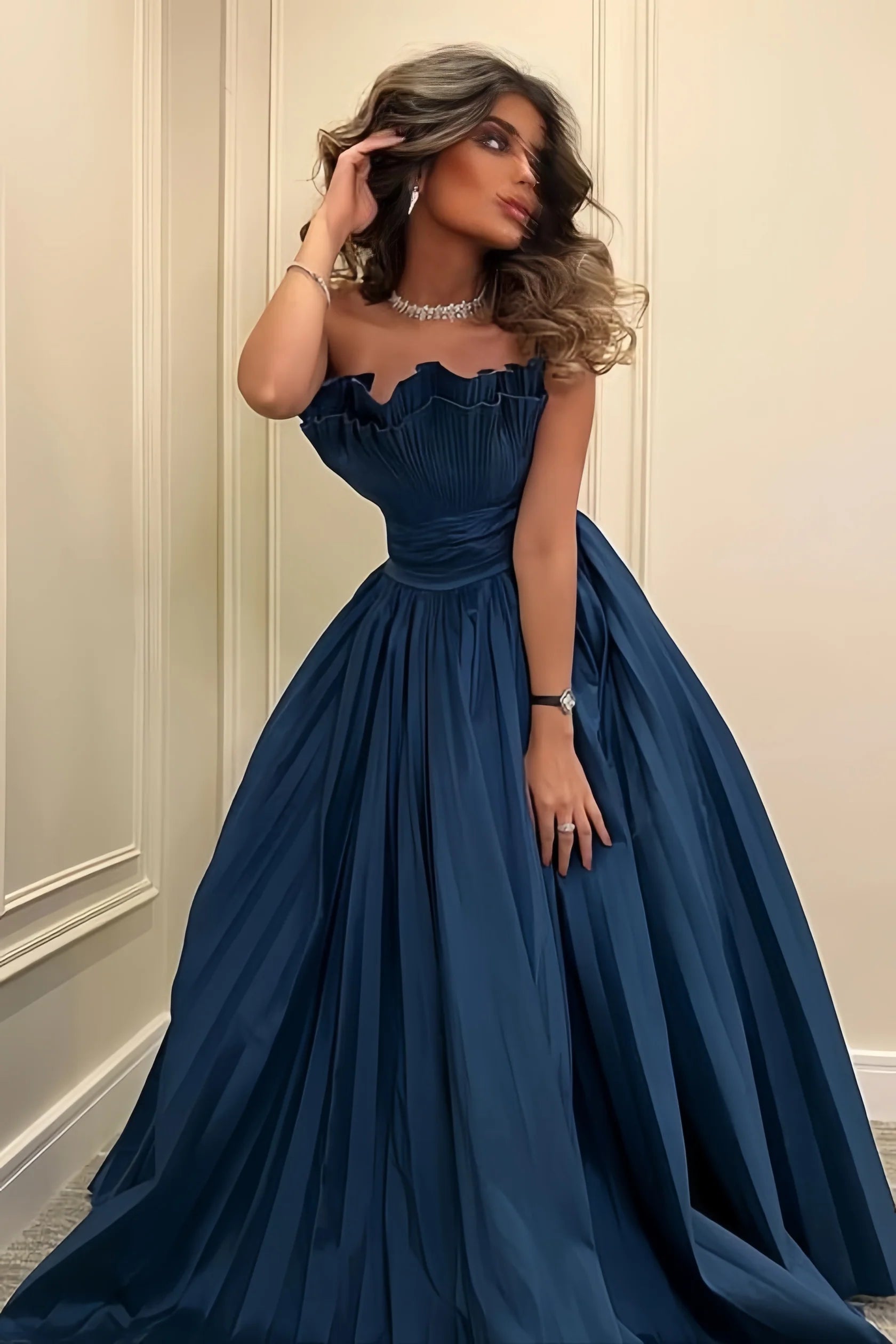 Blue Prom Dress Strapless Evening Dress Sleeveless Party Dress, A-Line Birthday Dress