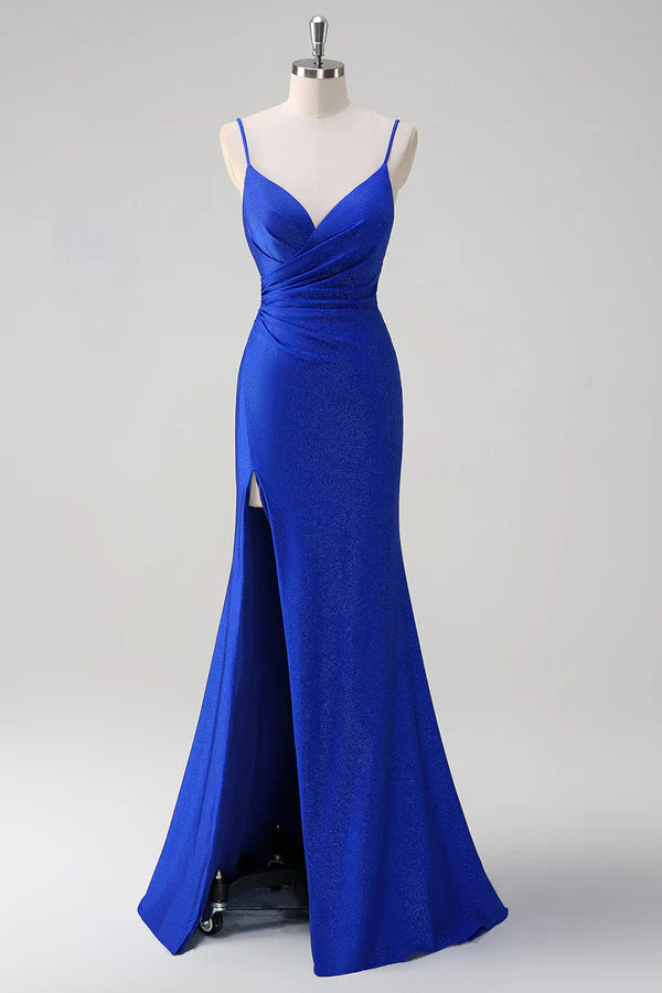 Glitter Royal Blue Mermaid Spaghetti Straps Ruched Long Prom Dress With Slit simple gentle atmospheric and unique desi
