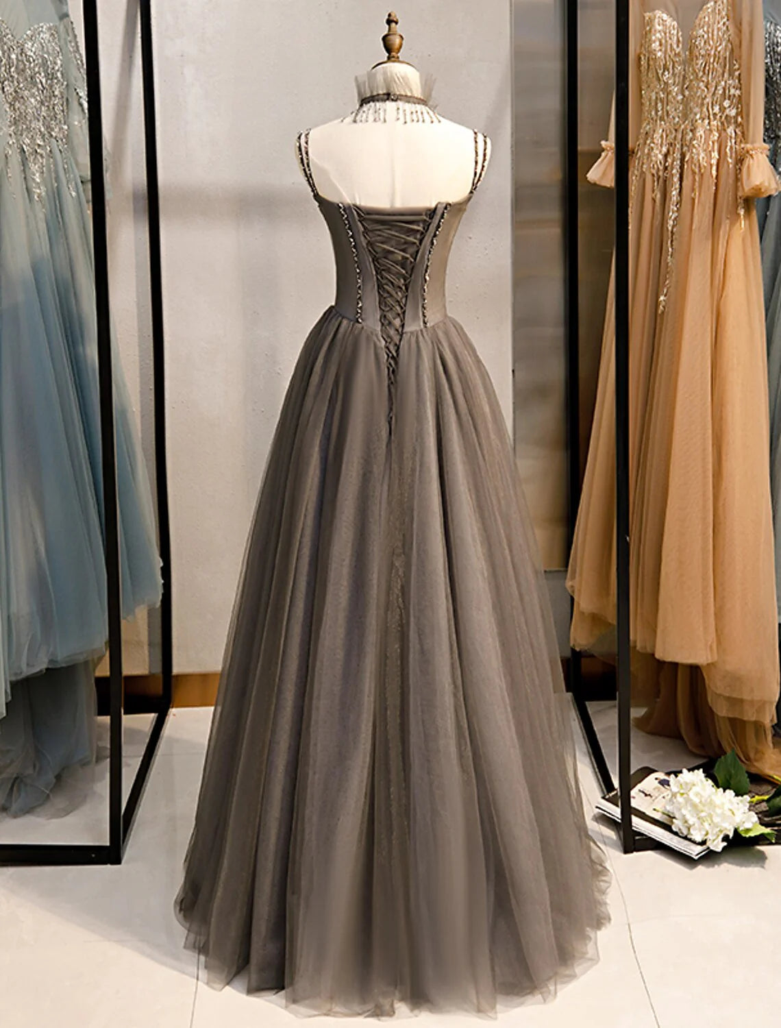 A-Line Prom Dresses Open Back Dress Formal Wedding Guest Floor Length Sleeveless Spaghetti Strap Tulle with Pleats CrystalsSimple atmospheric beautiful and unique desig