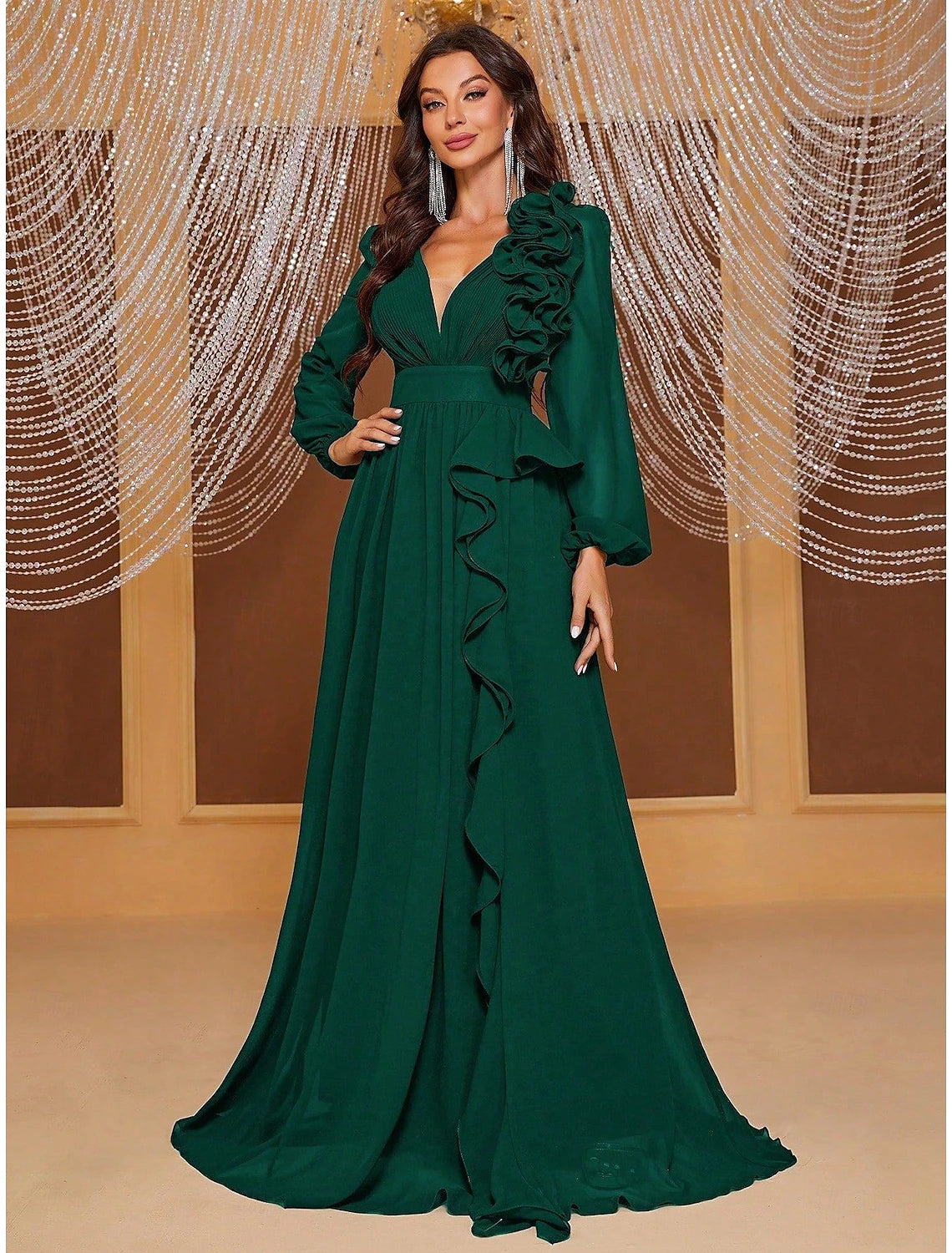 A-Line Evening Gown Elegant Dress Formal Wedding Floor Length Long Sleeve V Neck Chiffon with Ruffles Shouder Flower