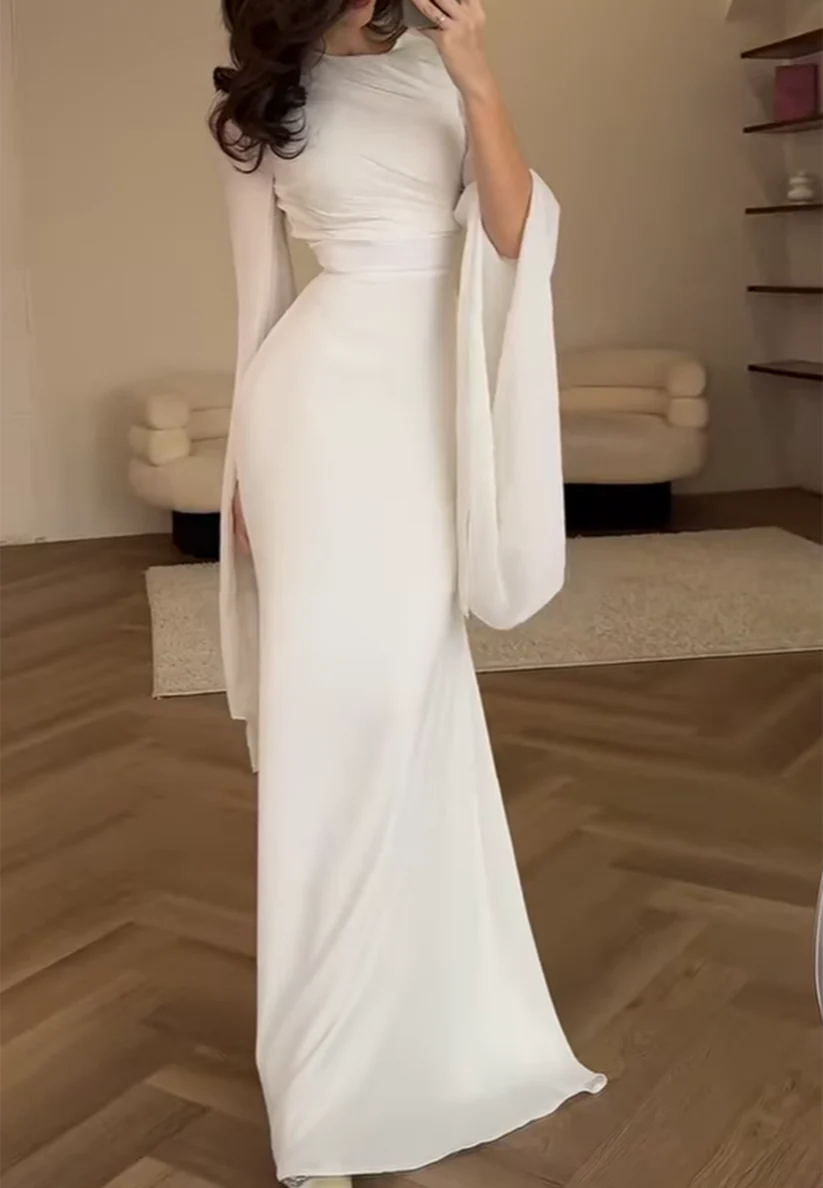 Scoop Long Sleeves Sleek Mermaid Formal Dress simple gentle atmospheric and unique desi Bring summer colors to enhance whiteness