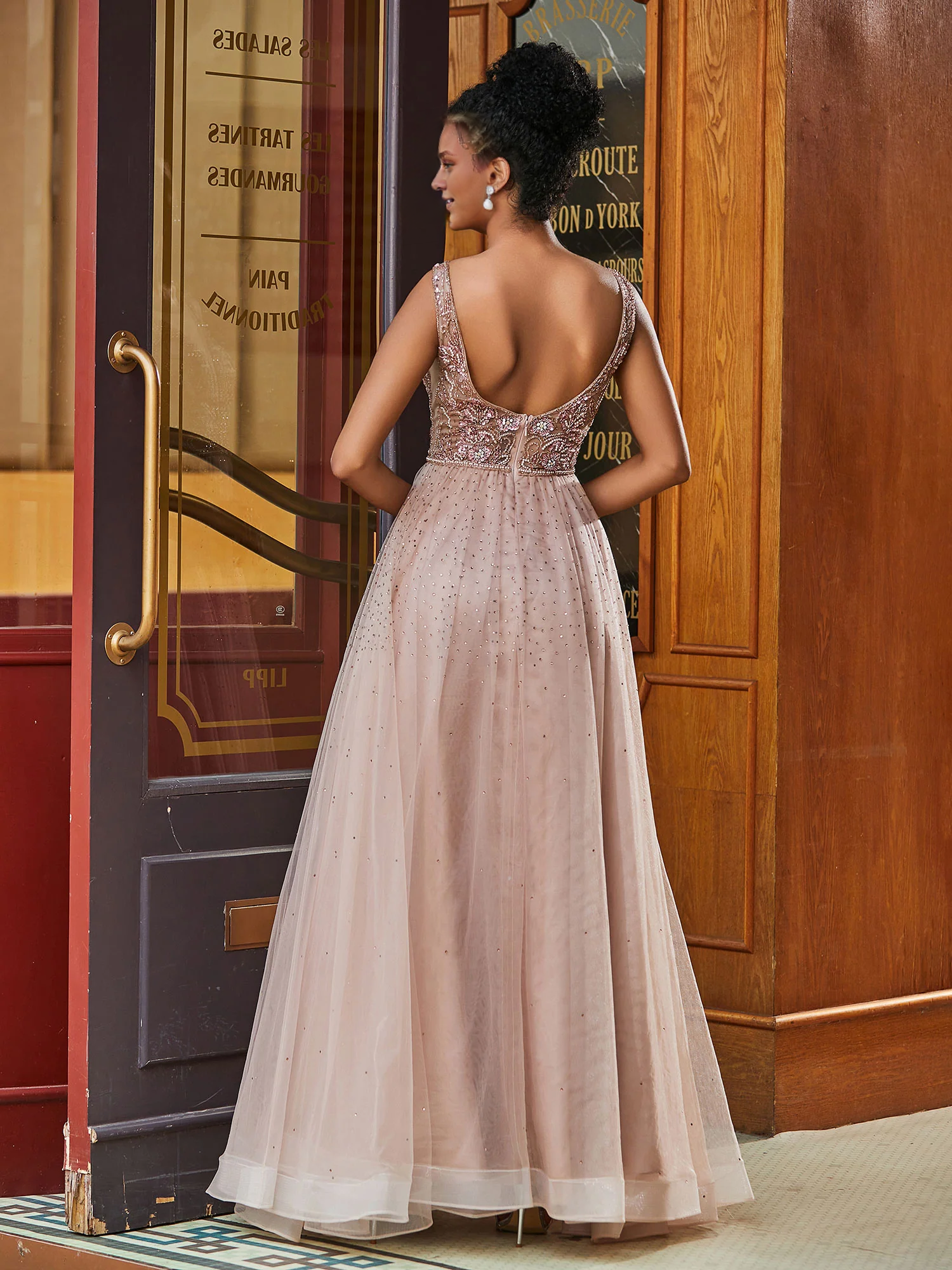 Illusion Neck Beads Rhinestones Decor A-line Tulle Dress Dusty Rose
