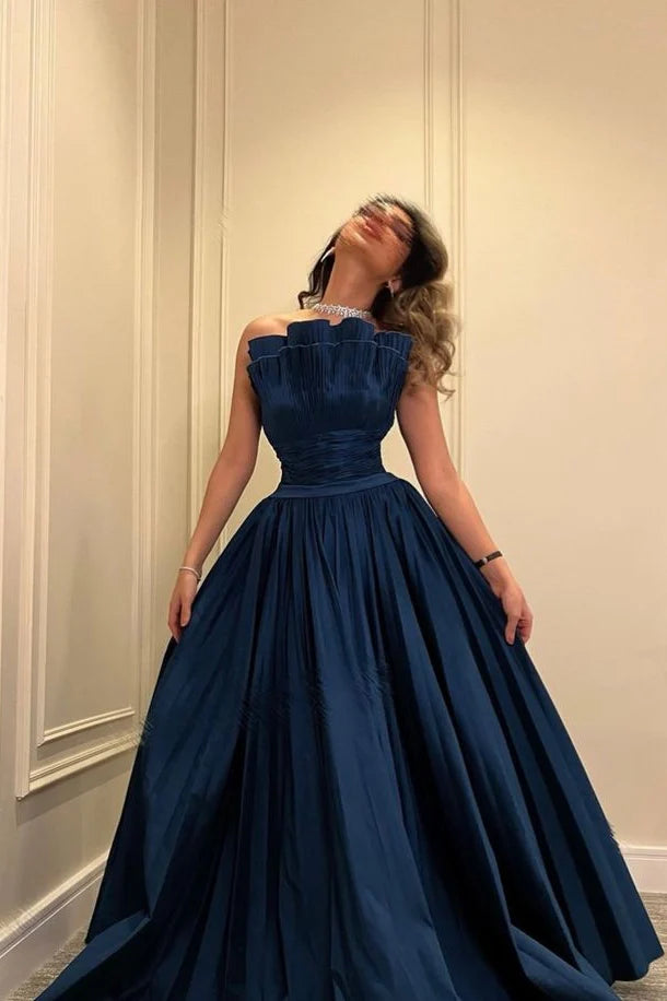 Blue Prom Dress Strapless Evening Dress Sleeveless Party Dress, A-Line Birthday Dress