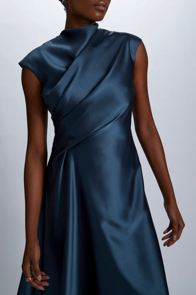 Fluid Satin relaxed drape dress with asymmetric handkerchief hem spheric beautiful and unique desig