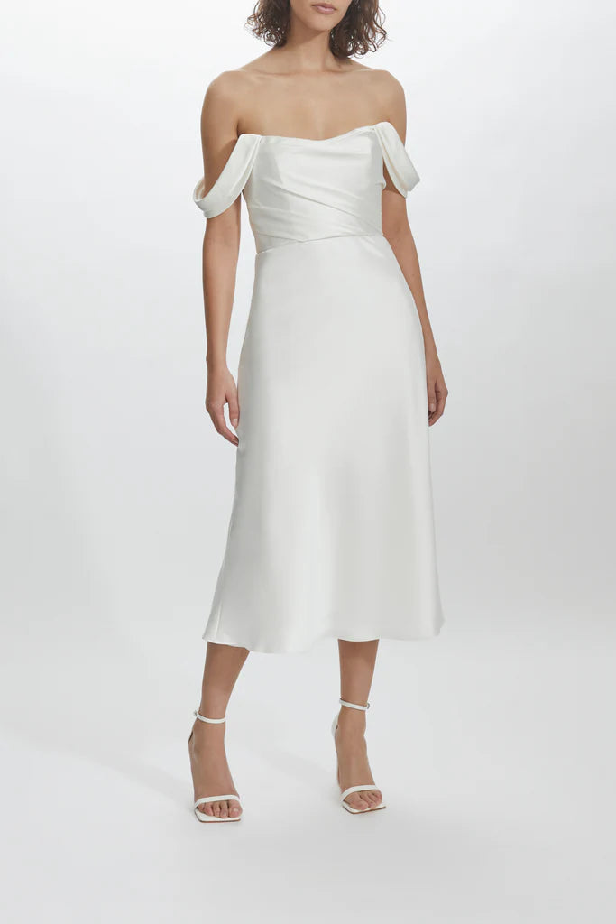 Fluid satin off-the-shoulder draped bodice bias cut dress spheric beautiful and unique desig